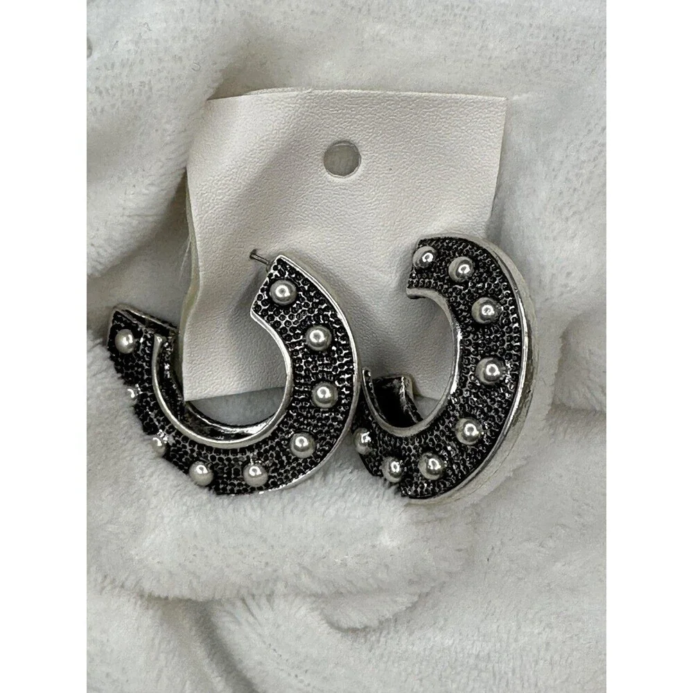 NEW Free People Hoop Earrings Textured Metal Studded Silver Boho Jewelry Set